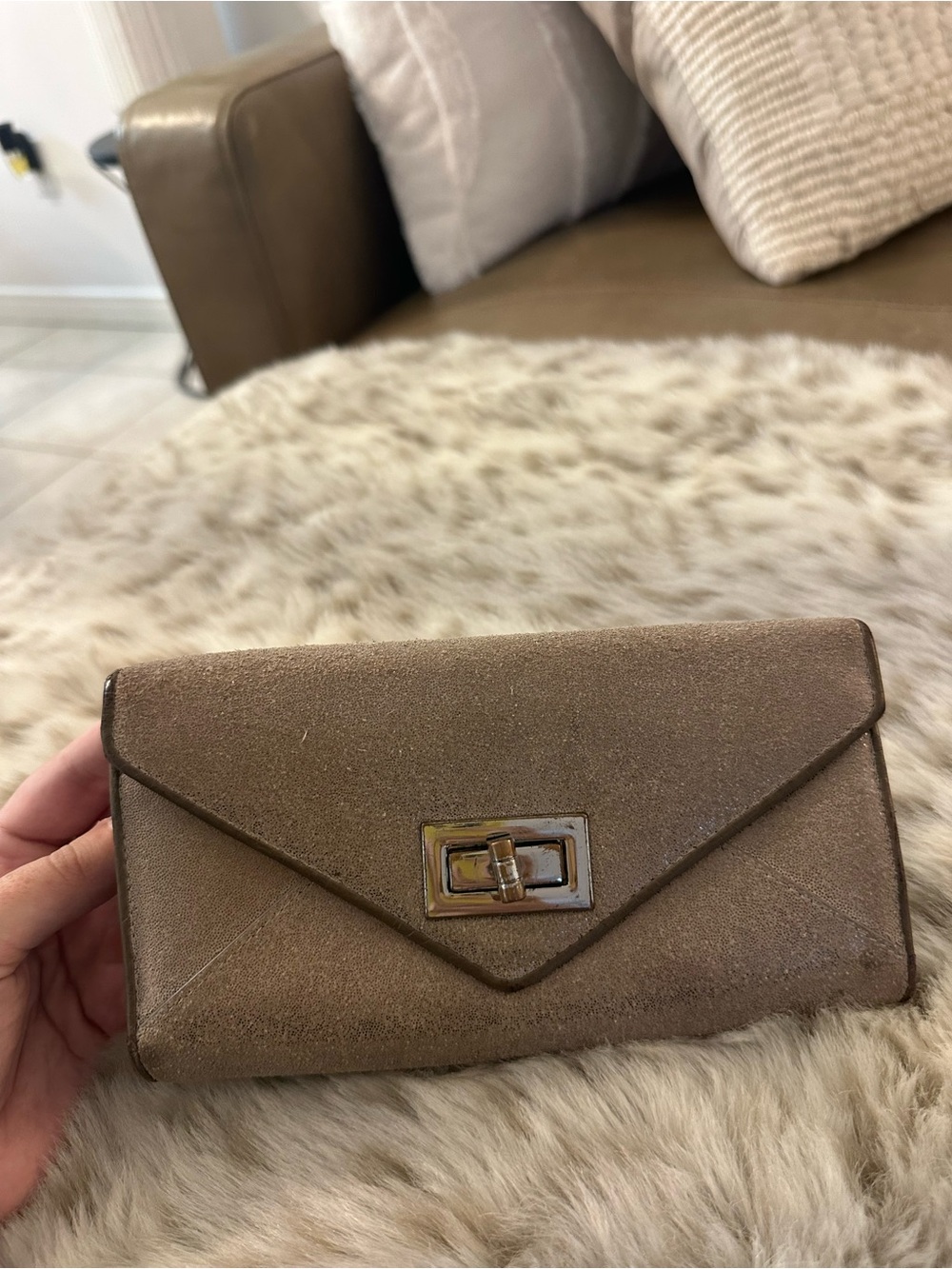 Danier Genuine Leather Metallic Taupe Envelope Wallet with Turn-Lock
